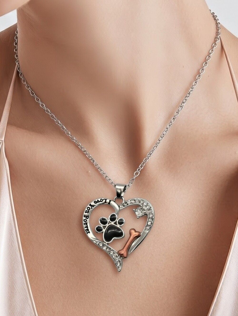 Dog Lover Heart Necklace Paw Print Bone I Love You Forever Pet Mom Memorial Gift